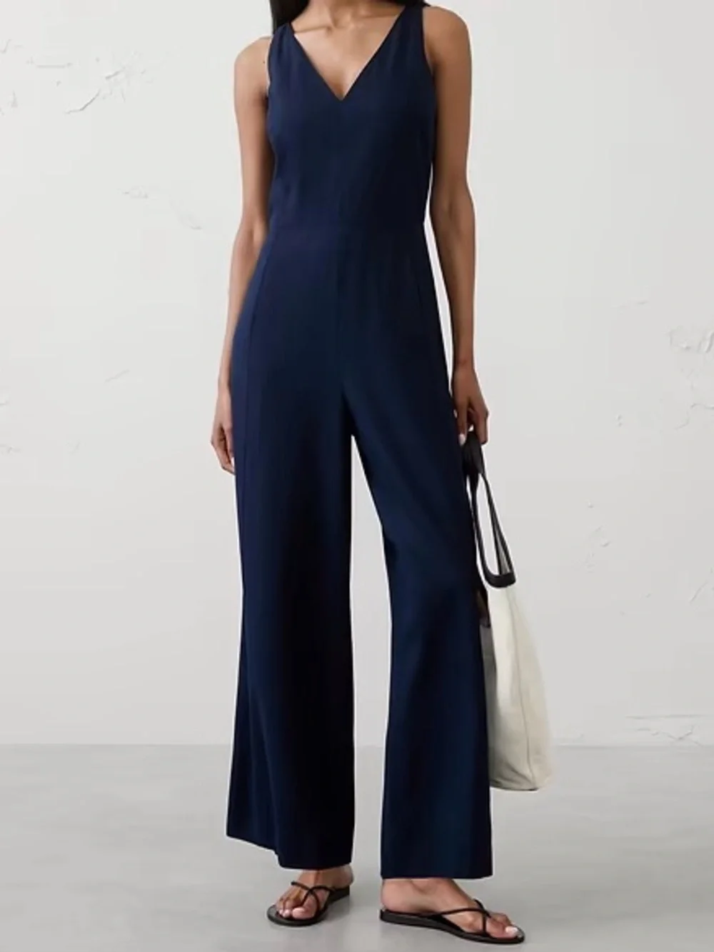 Banana Republic Navy V-Neck Sleeveless Wide-Leg Jumpsuit
